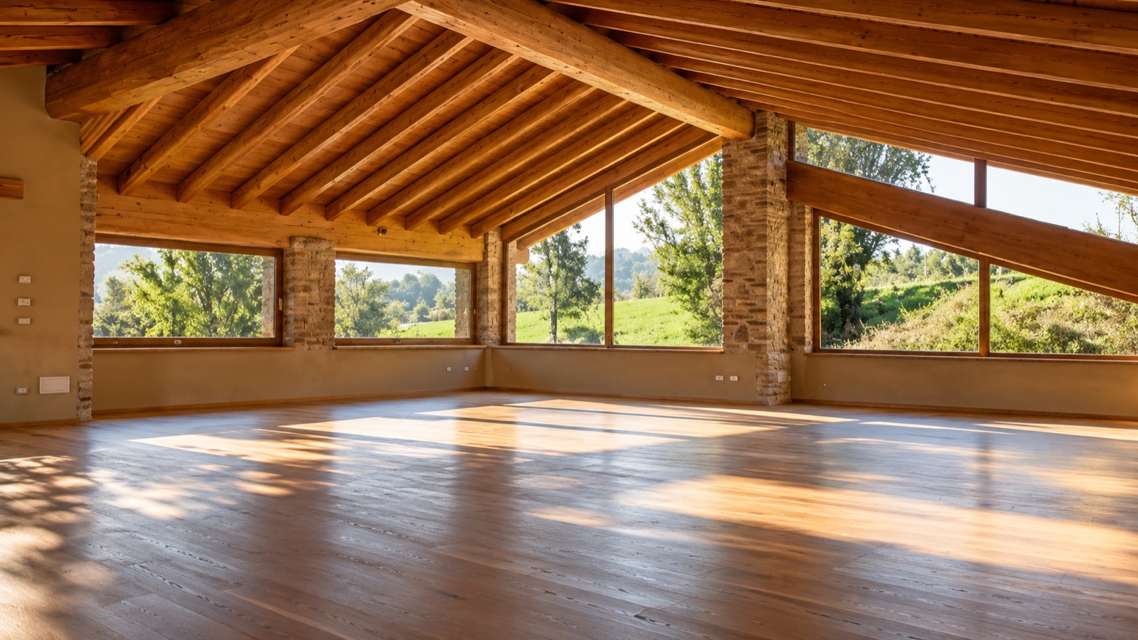 Illustrazione: la sala di Miri Piri vuota, con il parquet di legno attraversato dal sole, le travi a vista e le grandi vetrate sul prato e sugli alberi